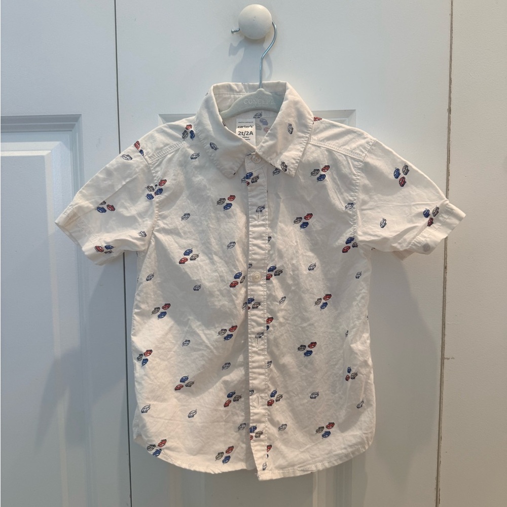 Carters' White Button-Down Shirt with Red and Blue cars 2t